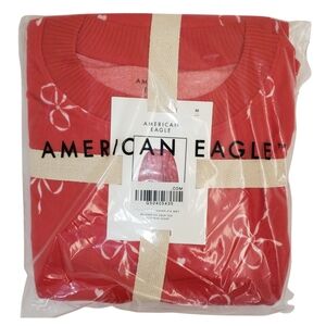 AMERICAN EAGLE Long Sleeve Shirt & Shorts Bow Plush Pajama Set Cherry Red NWT